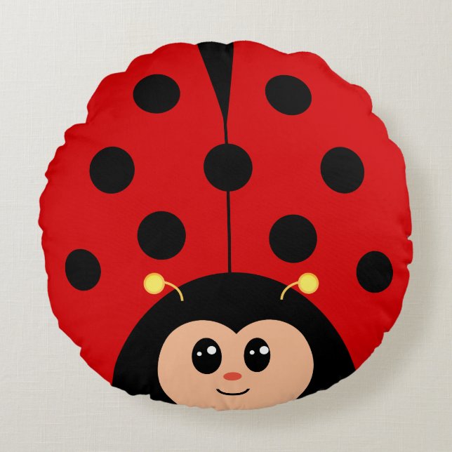 Cute Happy Lady Bug Cartoon  Round Cushion (Front)