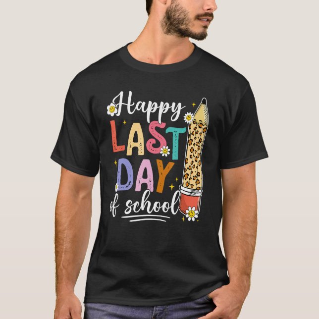 Cute Happy Last Day Of school Teacher Kids Groovy  T-Shirt (Front)