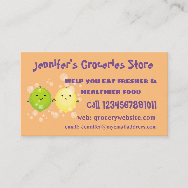 Cute happy lemon lime cartoon illustration business card (Front)