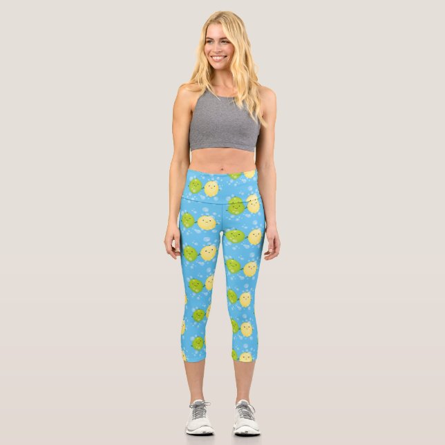 Cute happy lemon lime cartoon illustration capri leggings (Front)