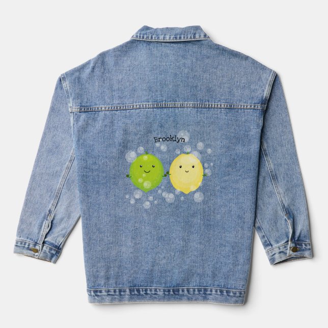 Cute happy lemon lime cartoon illustration denim jacket (Back)