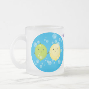 Cute happy lemon lime cartoon illustration frosted glass coffee mug