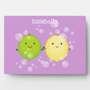 Cute happy lemon lime cartoon illustration plaque