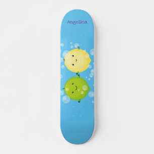 Cute happy lemon lime cartoon illustration skateboard