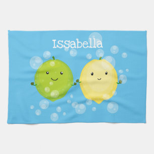 Cute happy lemon lime cartoon illustration tea towel