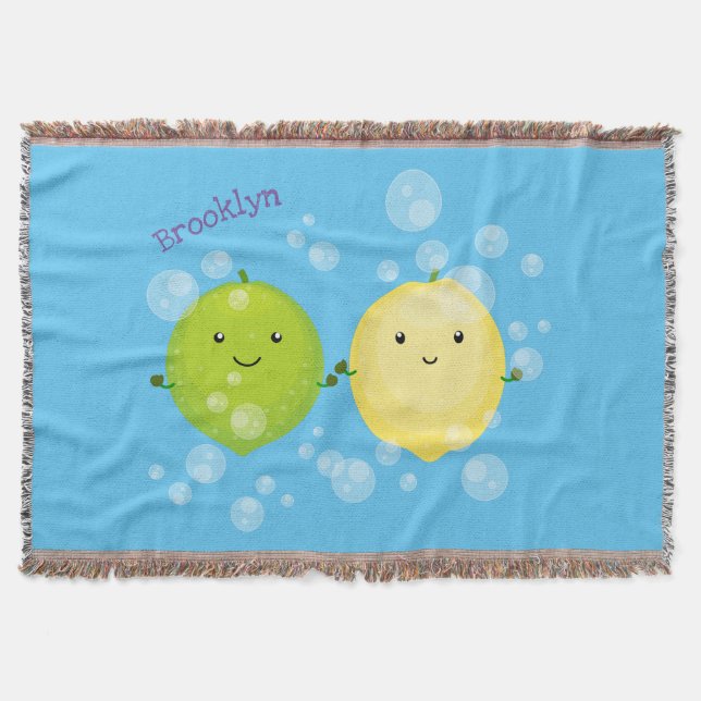 Cute happy lemon lime cartoon illustration throw blanket (Front)