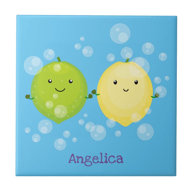 Cute happy lemon lime cartoon illustration tile (Front)
