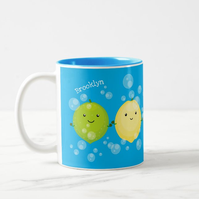 Cute happy lemon lime cartoon illustration Two-Tone coffee mug (Left)