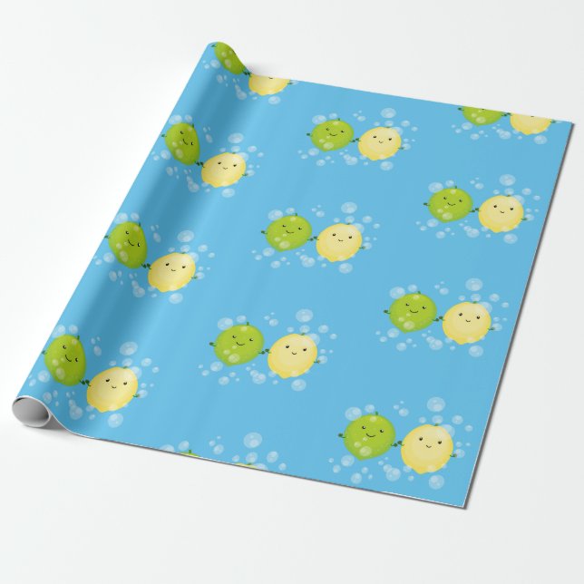 Cute happy lemon lime cartoon illustration wrapping paper (Unrolled)