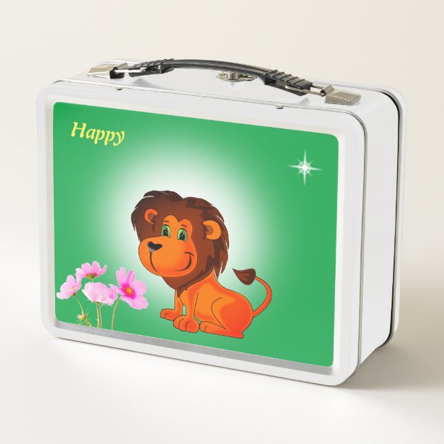 Cute happy lion, flowers and star on green metal lunch box (Back)