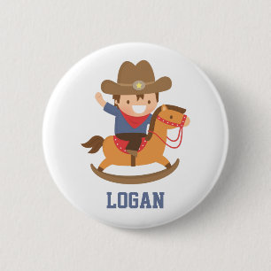 Cute Happy Little Cowboy on Rocking Horse 6 Cm Round Badge