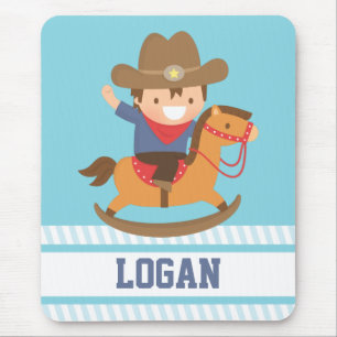 Cute Happy Little Cowboy on Rocking Horse Mouse Mat