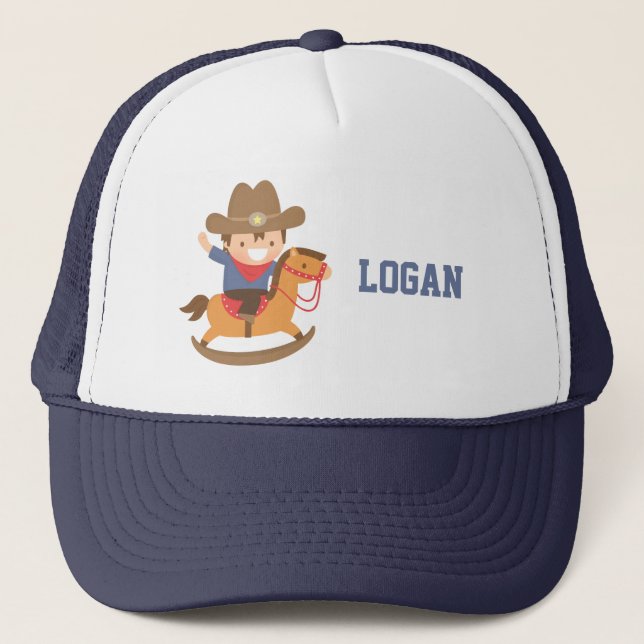 Cute Happy Little Cowboy on Rocking Horse Trucker Hat (Front)