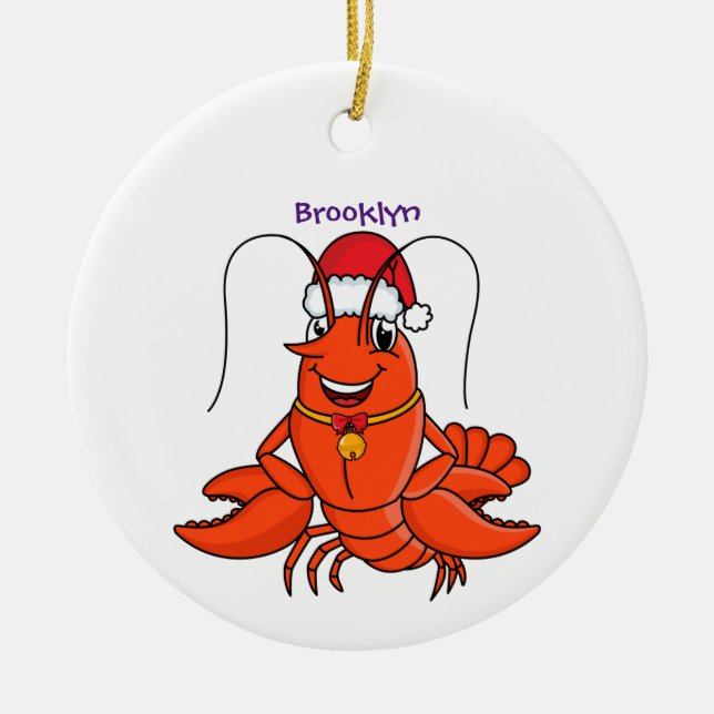 Cute happy lobster wearing Christmas hat cartoon Ceramic Tree Decoration (Front)