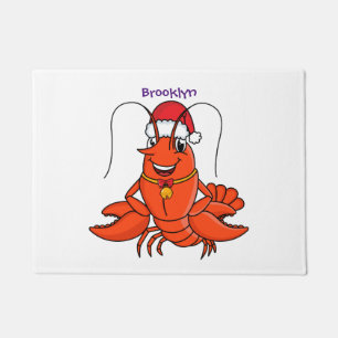 Cute happy lobster wearing Christmas hat cartoon Doormat