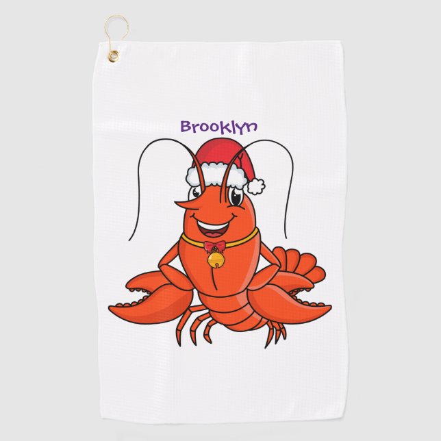 Cute happy lobster wearing Christmas hat cartoon Golf Towel (Front)