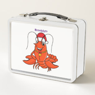 Cute happy lobster wearing Christmas hat cartoon  Metal Lunch Box