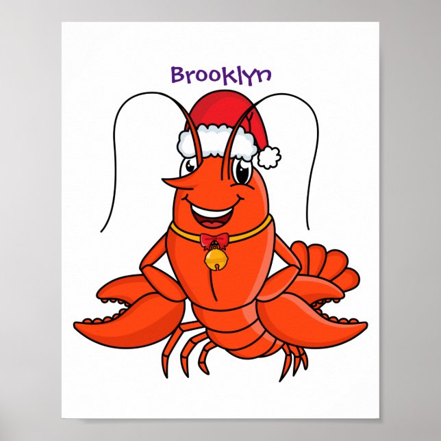 Cute happy lobster wearing Christmas hat cartoon Poster (Front)
