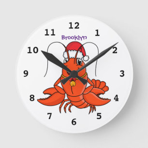 Cute happy lobster wearing Christmas hat cartoon Round Clock