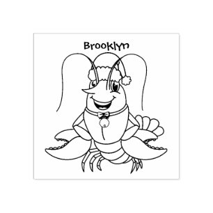 Cute happy lobster wearing Christmas hat cartoon Rubber Stamp
