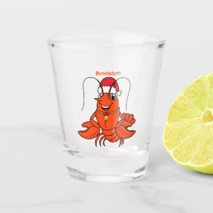 Cute happy lobster wearing Christmas hat cartoon Shot Glass