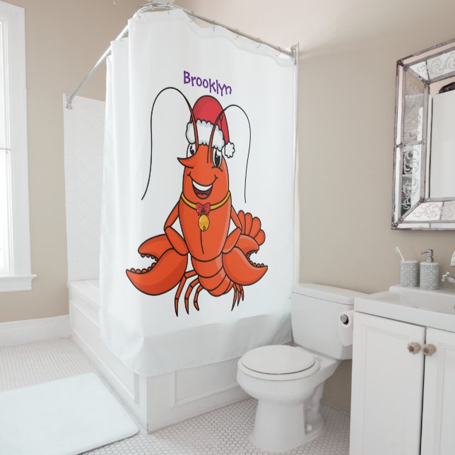 Cute happy lobster wearing Christmas hat cartoon  Shower Curtain (In Situ)