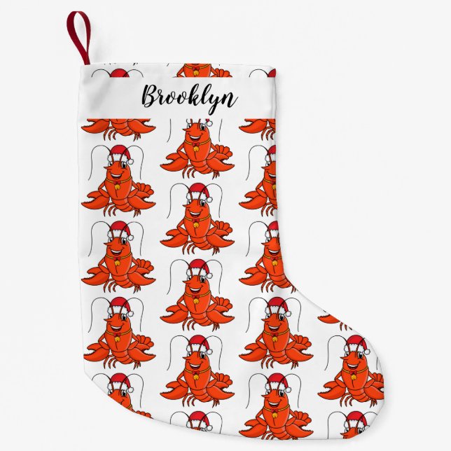 Cute happy lobster wearing Christmas hat cartoon Small Christmas Stocking (Front)