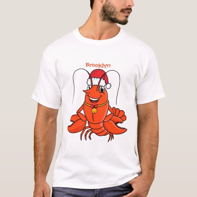 Cute happy lobster wearing Christmas hat cartoon T-Shirt (Front)