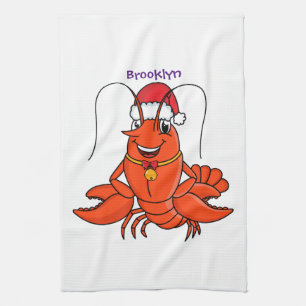 Cute happy lobster wearing Christmas hat cartoon Tea Towel
