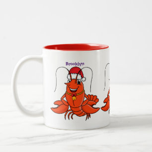 Cute happy lobster wearing Christmas hat cartoon Two-Tone Coffee Mug