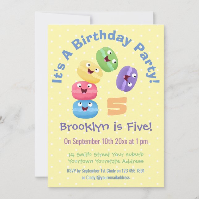 Cute happy macaroons cartoon birthday  invitation (Front)