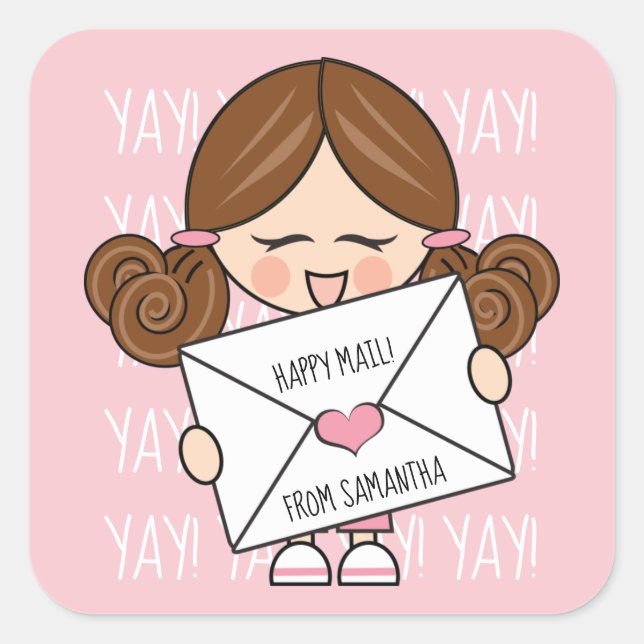 Cute Happy Mail Brown Hair Girl Pink Heart Seal (Front)