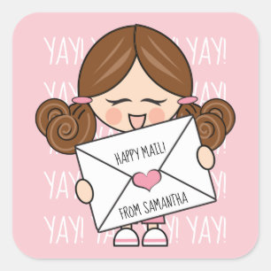 Cute Happy Mail Brown Hair Girl Pink Heart Seal