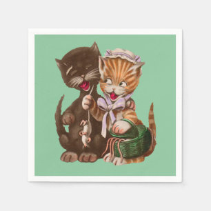 Cute Happy Male Female Cats Sharing Rats Napkin