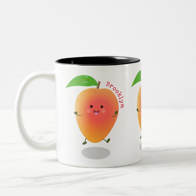 Cute happy mango cartoon illustration Two-Tone coffee mug (Left)