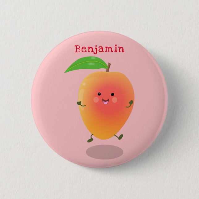 Cute happy mango yellow cartoon illustration 6 cm round badge (Front)