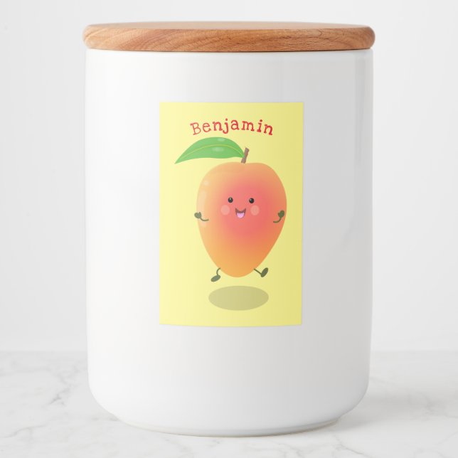 Cute happy mango yellow cartoon illustration food label (Front)