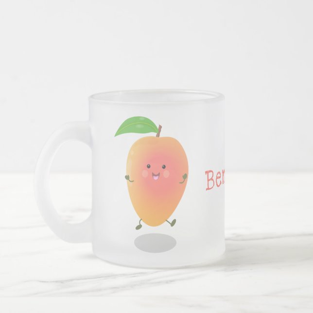 Cute happy mango yellow cartoon illustration frosted glass coffee mug (Left)