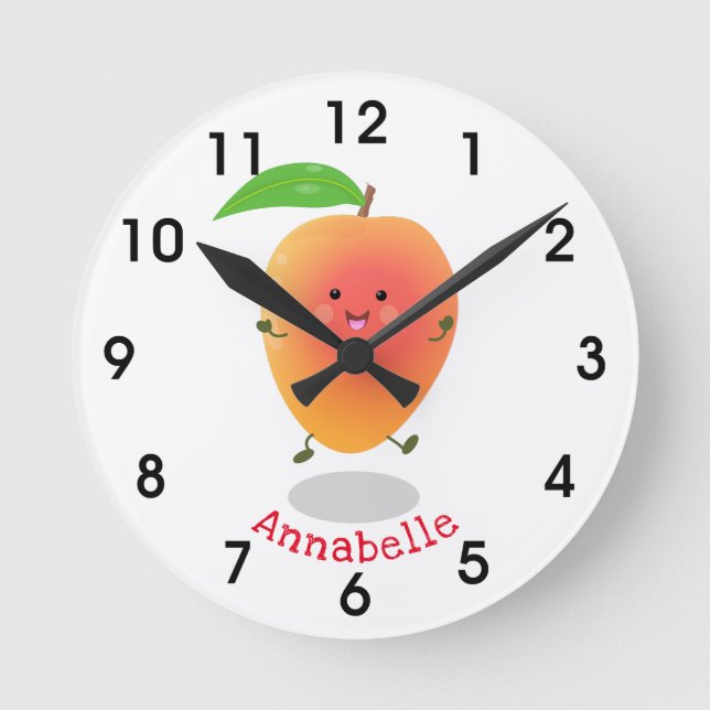 Cute happy mango yellow cartoon illustration round clock (Front)