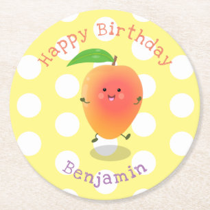 Cute happy mango yellow cartoon illustration round paper coaster