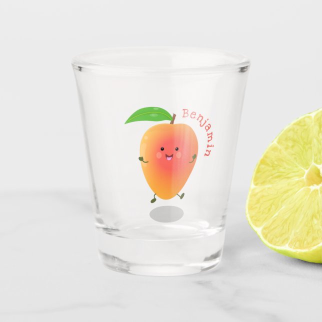 Cute happy mango yellow cartoon illustration  shot glass (Front)
