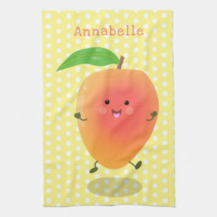Cute happy mango yellow cartoon illustration tea towel