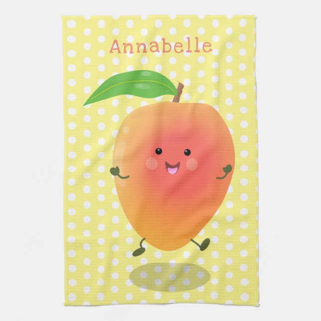 Cute happy mango yellow cartoon illustration tea towel (Vertical)