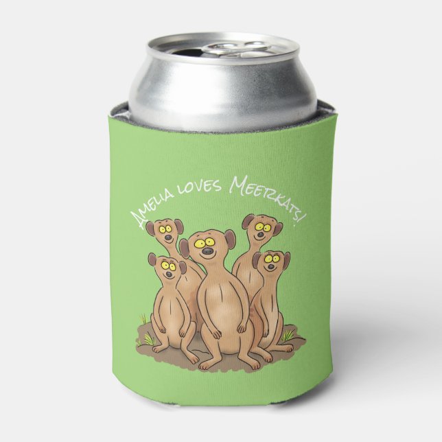 Cute happy meerkat family cartoon can cooler (Can Front)