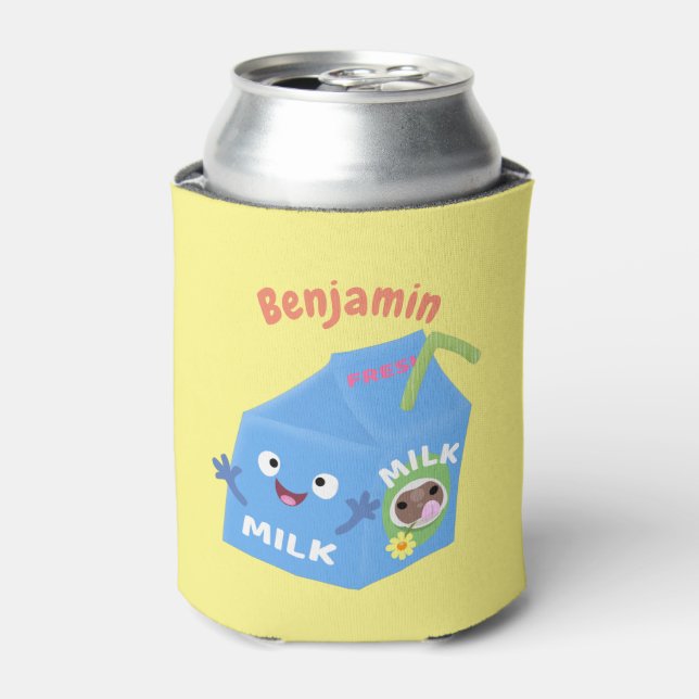 Cute happy milk carton character cartoon can cooler (Can Front)