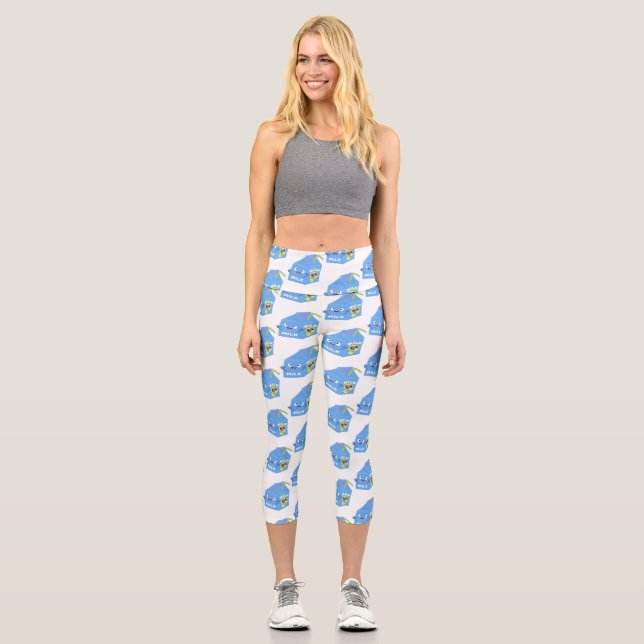 Cute happy milk carton character cartoon capri leggings (Front)