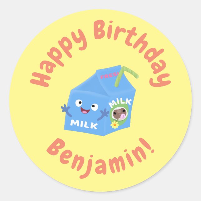 Cute happy milk carton character cartoon classic round sticker (Front)