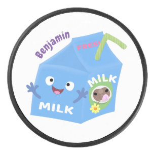 Cute happy milk carton character cartoon hockey puck