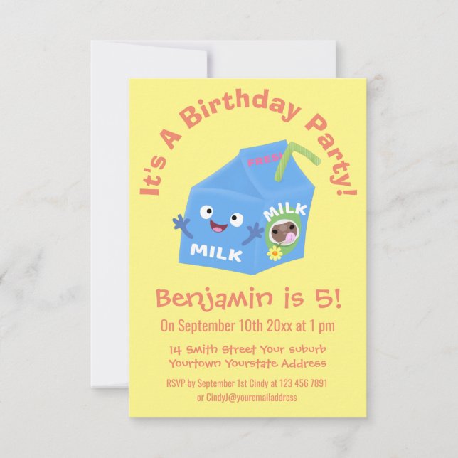 Cute happy milk carton character cartoon invitation (Front)
