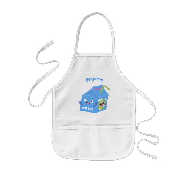 Cute happy milk carton character cartoon kids apron (Front)